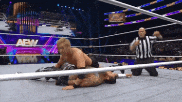 two men are wrestling in a ring with the word aew on the ring