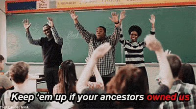 a group of people are dancing in a classroom with the words keep em up if your ancestors owned us on the bottom
