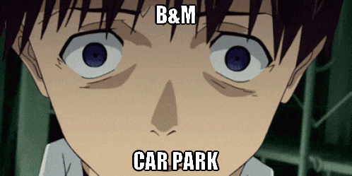 a close up of a person 's face with the words b & m car park written above it