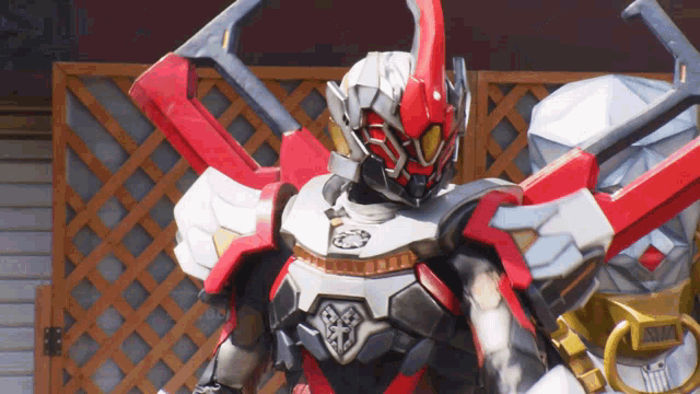 a robot is standing in front of a wooden fence with a sign that says police on it