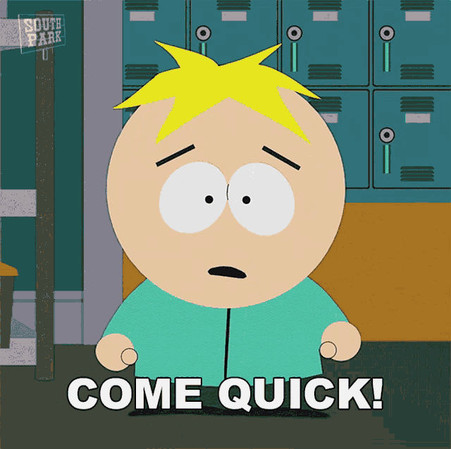 a cartoon character says come quick in front of lockers