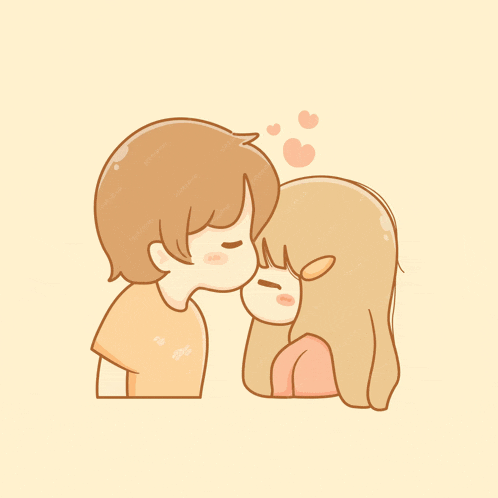 a boy kissing a girl on the forehead with hearts coming out of their mouths