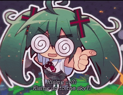 a cartoon of a girl with a cross on her head says " rising up rising up to the sky "