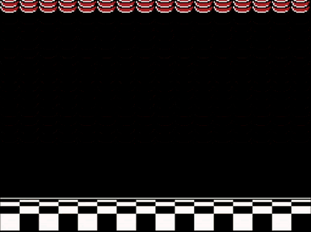 a black and white checkered floor with a red curtain and a black background .