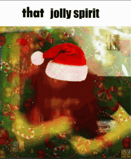 a picture of a gorilla wearing a santa hat with the words that jolly spirit below it