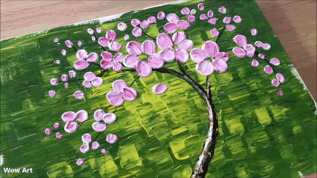 a painting of a tree with pink flowers on it