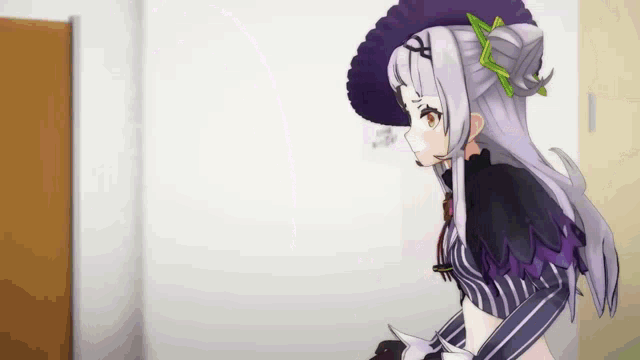 a girl with purple hair and a purple hat is standing in front of a wall