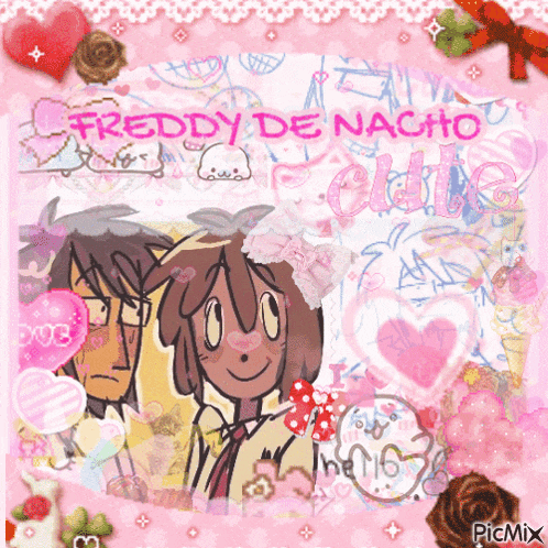 a picture of freddy de nacho and claire with a pink background