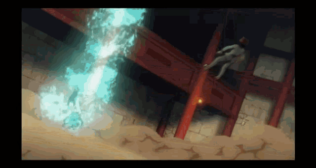 a person is falling from a balcony with a blue light coming out of the ceiling
