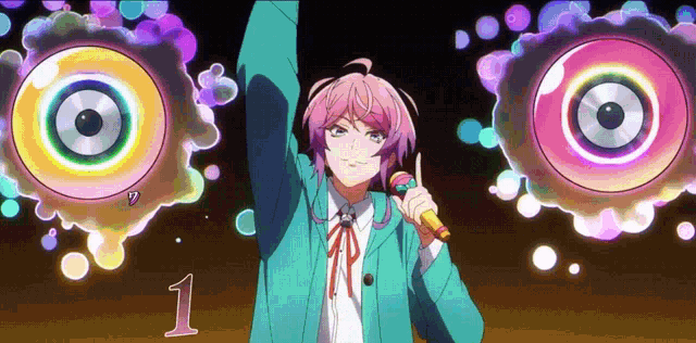 a girl with pink hair is singing into a microphone with the number 1 in the corner