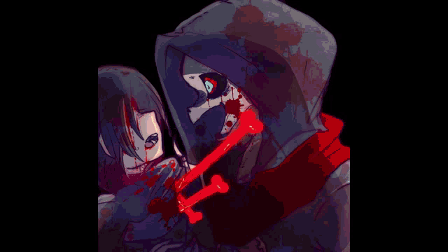 a drawing of a person with blood on their face holding a red bone