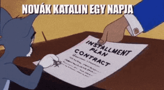 a cartoon of tom signing an establishment plan contract