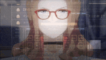 a woman with red glasses is displayed on a screen with foreign writing