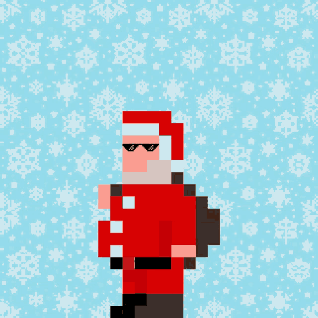 a pixel art of santa claus wearing sunglasses and carrying a bag of gifts