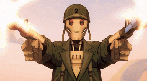 a robot with the number 2 on his helmet is holding two guns