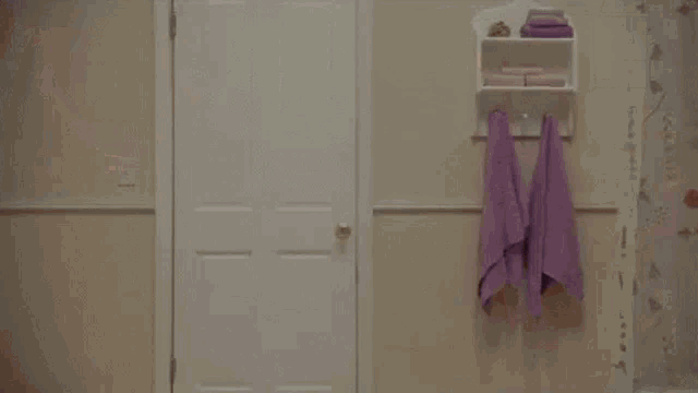 a man in a purple shirt and black vest is standing in a doorway .
