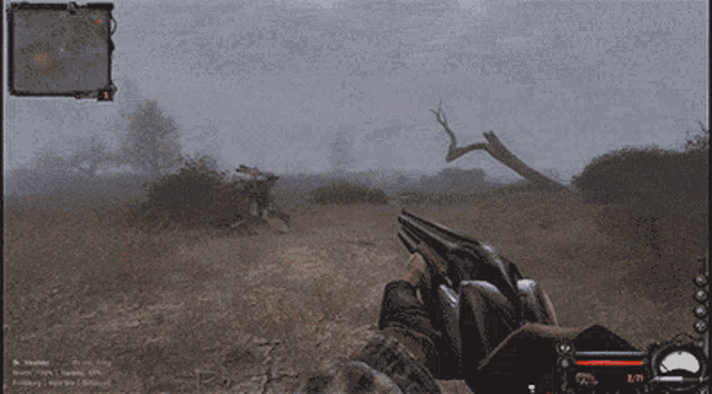 a person holding a gun in a video game with the number 1 visible