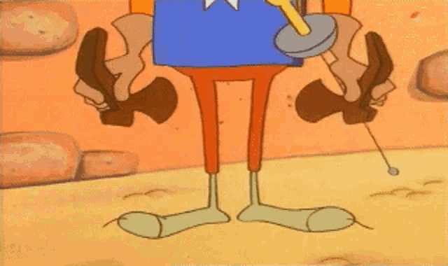 a cartoon character is holding a sword and a spear in his hands .