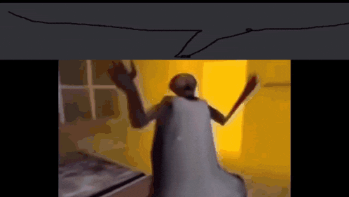 a cartoon character is standing in a room with his arms outstretched in front of a yellow wall .