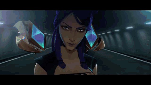 a woman with purple hair and wings is standing in a tunnel