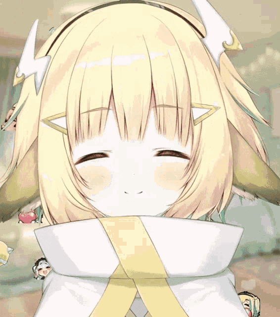 a girl with blonde hair and green eyes is wearing a white and yellow outfit