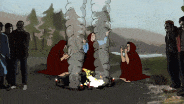 a group of people are gathered around a campfire