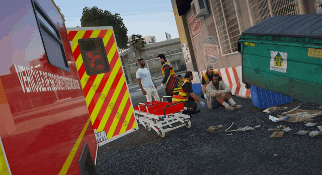 a red and yellow ambulance has the word emergency on the side