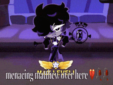 a cartoon character with the words menacing mathew over here