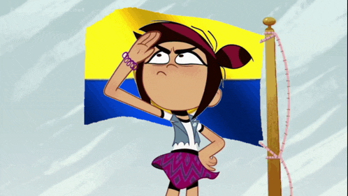 a cartoon girl salutes in front of a flag