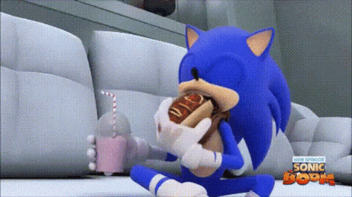 sonic the hedgehog eating a hot dog and drinking a milkshake