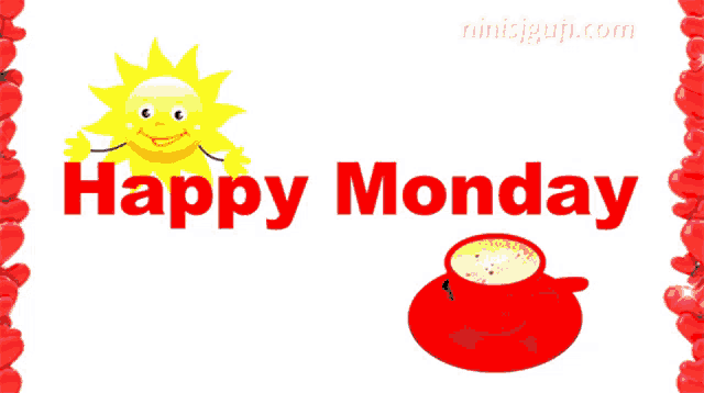 a happy monday sign with a sun and a cup of coffee