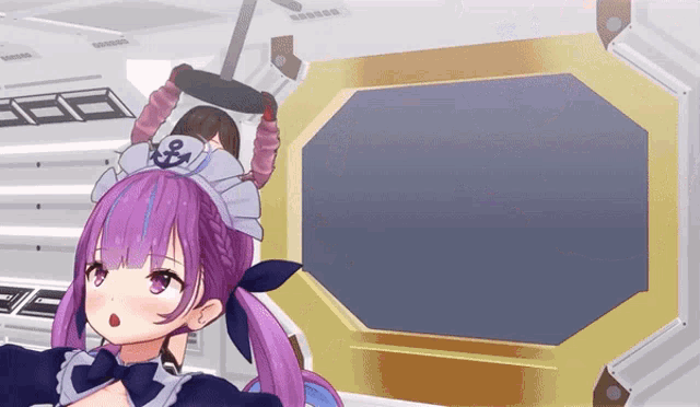 a girl with purple hair and an anchor hat