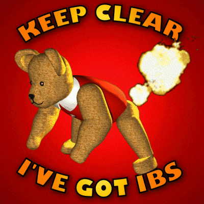 a teddy bear says keep clear i 've got ibs on a red background