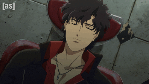 a man is laying in a chair with his eyes closed and the words [ as ] on the bottom left