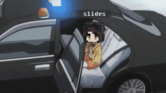a girl is sitting in the back seat of a police car with the word slides above her head
