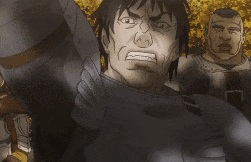 a cartoon of a man with his mouth open and a sword on his chest