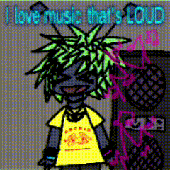 a cartoon character says i love music that 's loud in front of a speaker