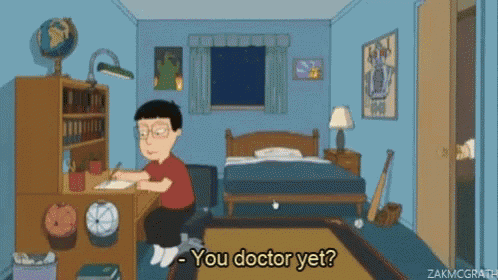 a cartoon of a boy sitting at a desk with the words " you doctor yet " on the bottom