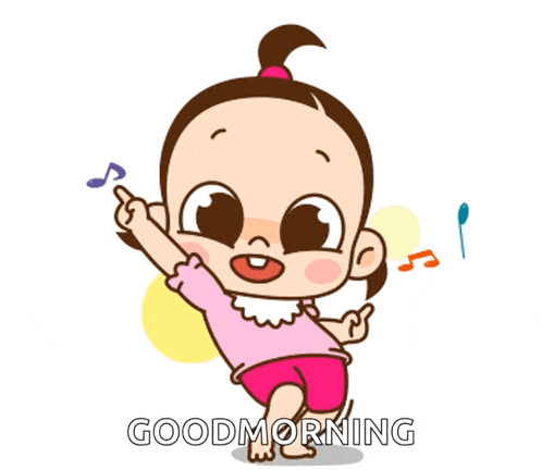 a cartoon girl is dancing in front of music notes and the words good morning