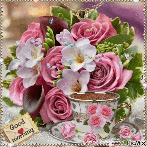 a bouquet of pink roses sits next to a cup of coffee and a card that says good morning