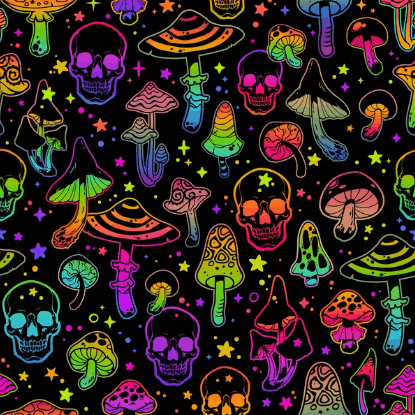 a seamless pattern with neon mushrooms and skulls on a black background .