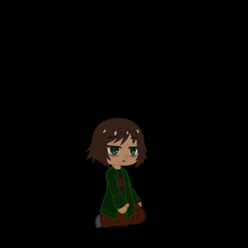 a cartoon character with brown hair and green eyes is kneeling down in the dark