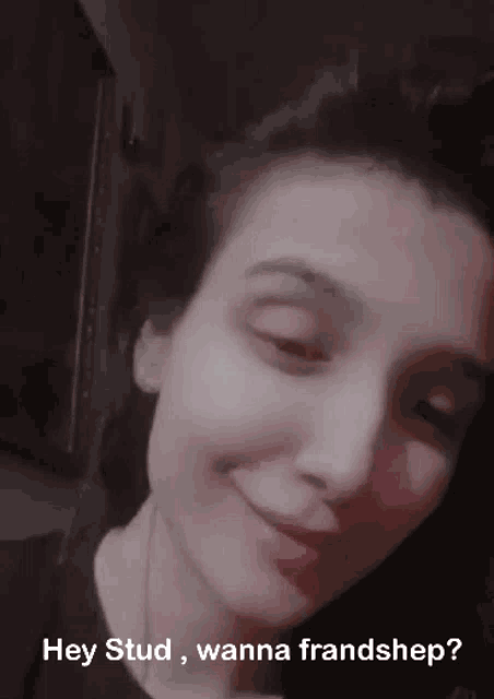 a close up of a woman 's face with the words " hey stud , wanna franshep " written below her