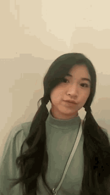 a woman with pigtails is wearing a green sweater and a white shoulder strap .