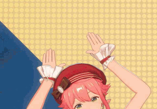 a cartoon character is making a peace sign with his hands in front of a blue and yellow background
