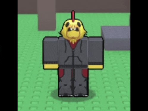 a roblox character with a yellow head and a red feather on it 's head .