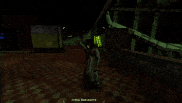 a woman in a white dress is standing in a dark room with a sign that says ' arcade ' on it