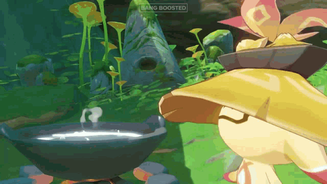 a cartoon character is standing next to a pot of soup that has bang boosted on it
