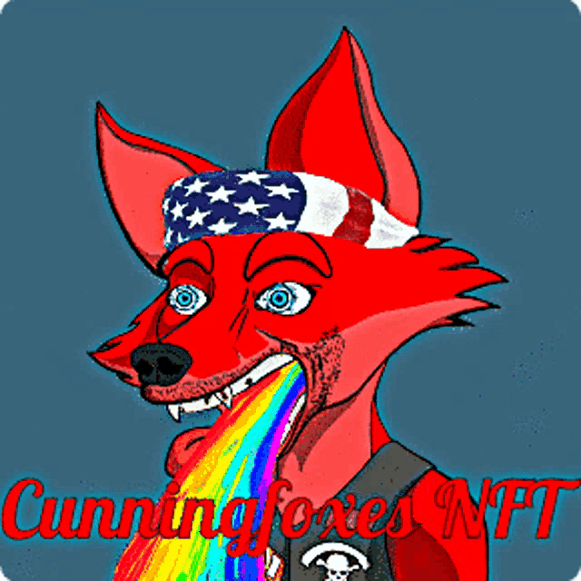 a red fox with a rainbow coming out of its mouth and the words cunning foxes nft