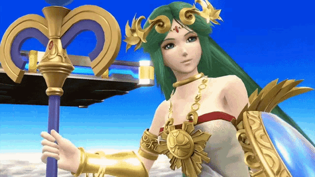 a woman with green hair and gold jewelry holds a torch